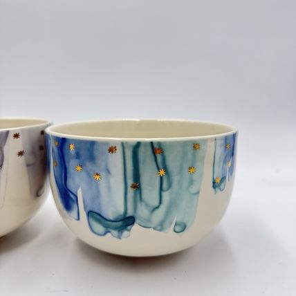 Anthropologie Night Sky Bowl Stoneware Blue Teal Drip Watercolor Wash Gold Star