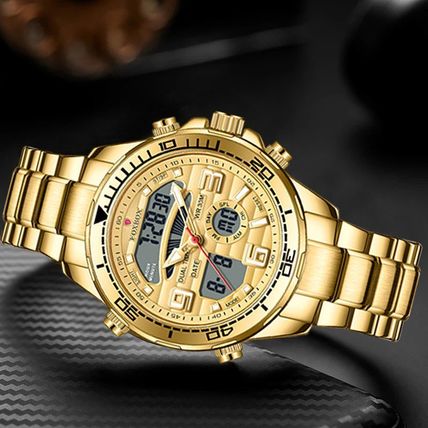 Gents Heavy Large Gold Dual Time Face Silver Stainless Steel Bracelet Watch Box