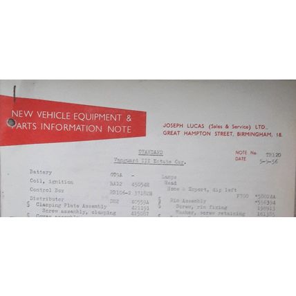 1956 STANDARD VANGUARD III Estate LUCAS Equipment & Spare Parts List TR120