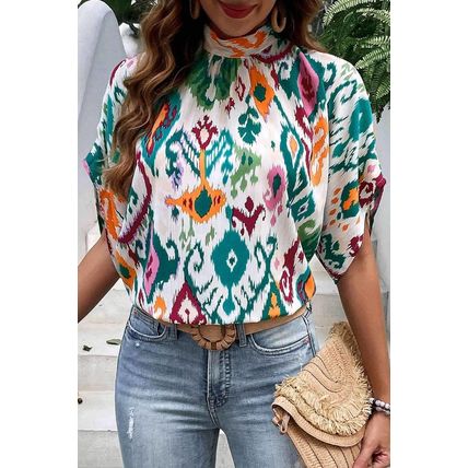 Multicolour Western Print High Neck Bat Sleeve Blouse