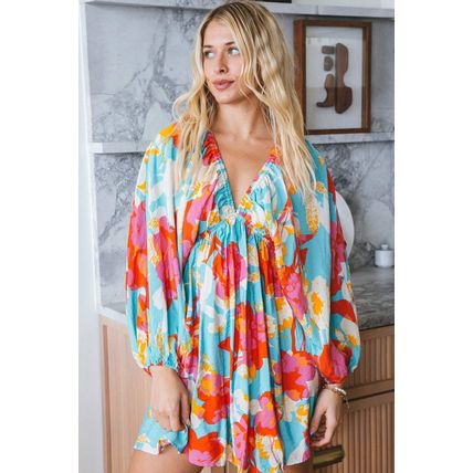 Sky Blue Floral Bracelet Sleeve Empire Waist Mini Dress