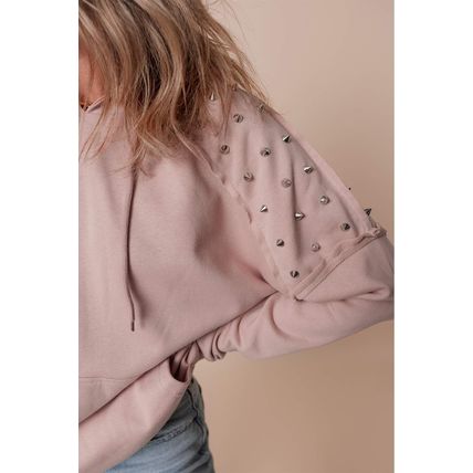 Fushia Solid Color Rivet Stud Raglan Sleeve Hoodie with Pocket