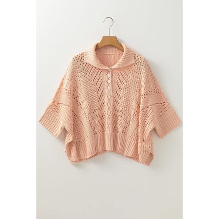 Apricot Pink Hollowed Knit 3/4 Dolman Sleeve Buttoned Collared Sweater