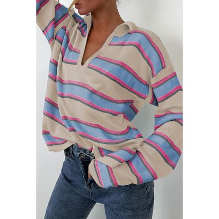 Apricot Stripe Collared V Neck Drop Shoulder Loose Sweater