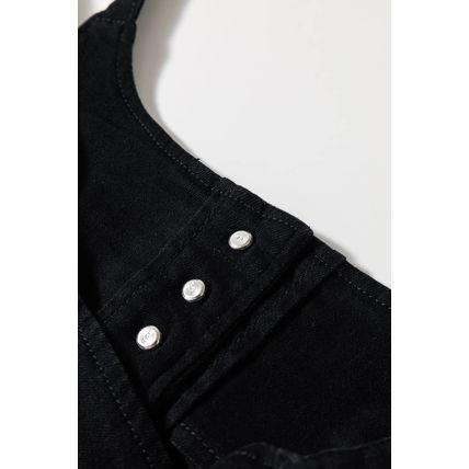 Black Acid Wash Buttoned Cropped Slim Denim Tank Top