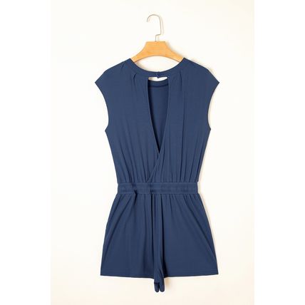 Ashleigh Blue Knit Open Back Cap Sleeve Drawstring Romper