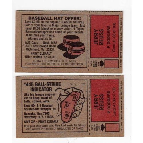 Both 1981 Topps Scratch-Off Variations Jerry Reuss #103 cards –Scratchoffs