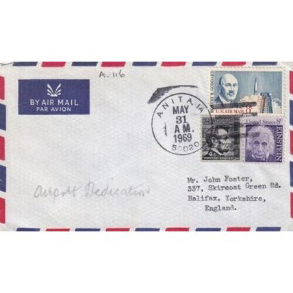 United States 1969 Anita IA-Halifax UK Air Mail Cover Anita cancel typed VGC