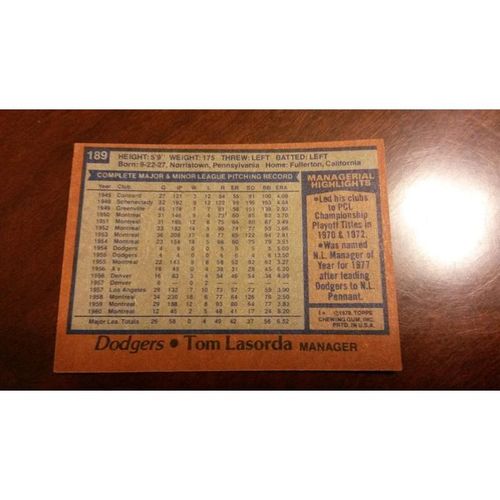 1978 Topps Card # 189 Tom Lasorda Excellent (5) Los Angeles Dodgers