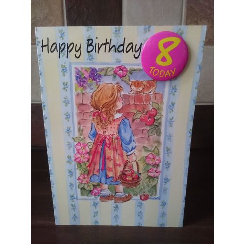 Age 8 Birthday Card with Badge (girls) - 001
