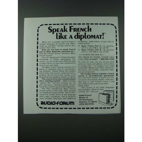 1986 Audio-Forum Basic French Ad - Speak French Like a Diplomat