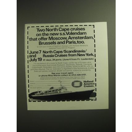 1974 Holland America Cruises Ad - North cape cruises on s.s. Volendam