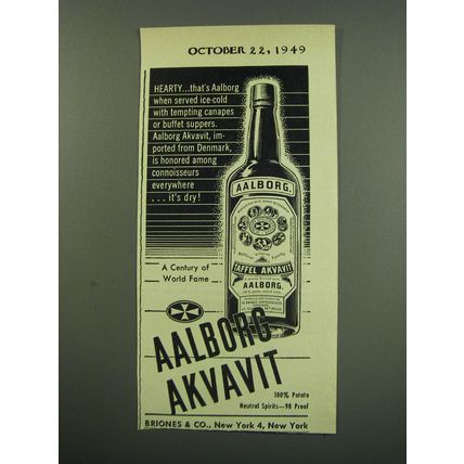 1949 Aalborg Akvavit Ad - Hearty.. that's Aalborg when served ice-cold