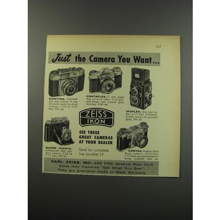 1955 Zeiss Camera Ad - Contina; Contaflex; Ikoflex; Super Ikonta; Contax