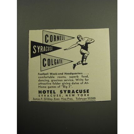 1957 Hotel Syracuse Ad - Cornell Syracuse Colgate Football week-end headquarters