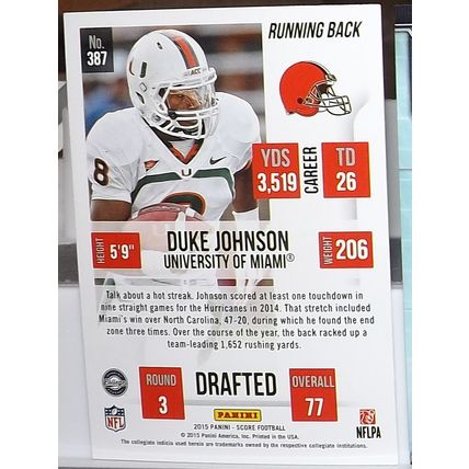 2015 Panini Score DUKE JOHNSON (Miami/Browns) Rookie Card #387