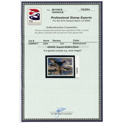 RW71, Mint Superb NH $15 Duck Stamp - PSE Graded 98 * Stuart Katz
