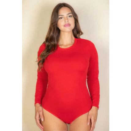 Plus solid long sleeve round neck bodysuit