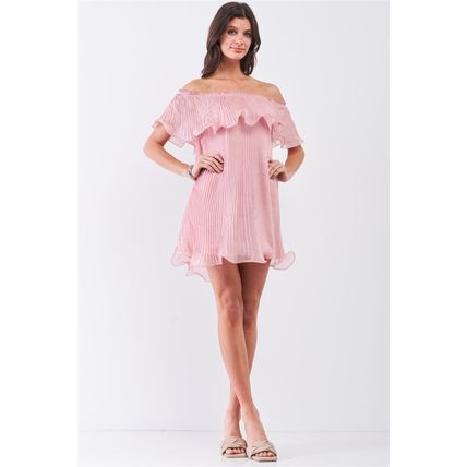 Women's Pink Pleated Off-the-shoulder Double Layered Frill Trim Mini Dress