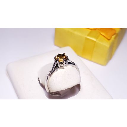 Estate 3/4ct round Citrine scroll basket feather sides Sterling Silver Ring22288