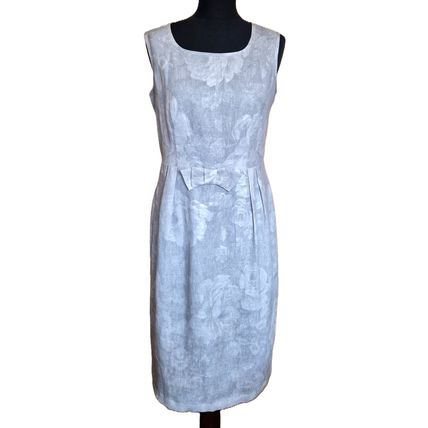Marks & Spencer New Silver, Light Gray Linen Bow Floral Roses Dress Size 12 UK