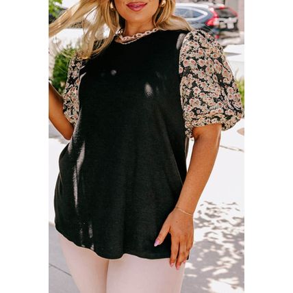 Black Daisy Printed Short Bubble Sleeve Plus Size Tunic Top