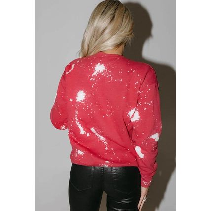 Fiery Red Bleached Tie-dye Print Crew Neck Long Sleeve Top