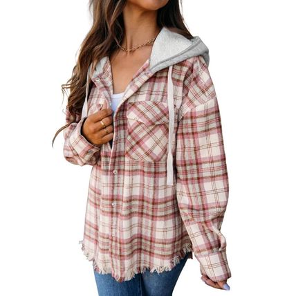 Multicolour Plaid Flap Pocket Hooded Raw Hem Jacket