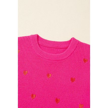 Rose Red Heart Shape Drop Shoulder Round Neck Sweater
