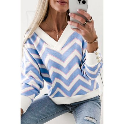 Sky Blue Zigzag Striped Print V Neck Oversized Top