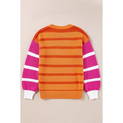 Orange Stripe Colorblock Crew Neck Drop Shoulder Loose Sweater