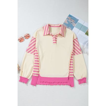 Pink Stripe Colorblock Patchwork Collared French Terry Knit Top