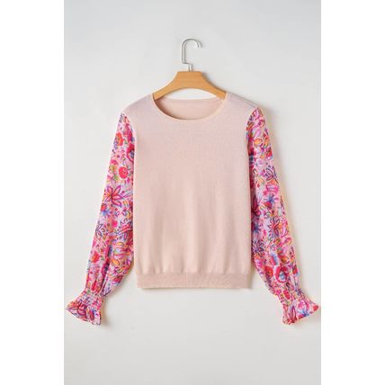 Oatmeal Floral Printed Patchwork Smocked Lantern Sleeve Knit Top