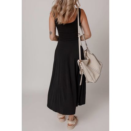 Black Sleeveless Scoop Neck Flared Split Midi Dress