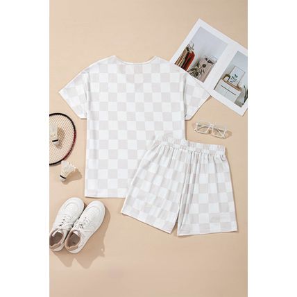 Beige Checkered V Neck Tee Drawstring Shorts Lounge Set