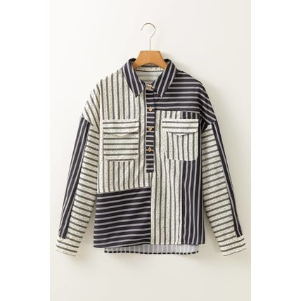 Black Stripe 2-tone Patchwork Half Buttons Chest Pockets Casual Blouse