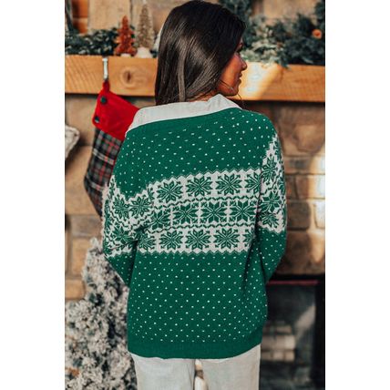 Green Christmas Snowflake Dotted Print Round Neck Sweater