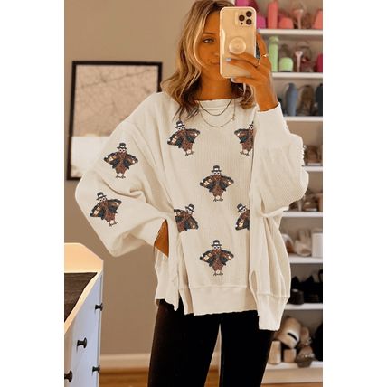 White Thanksgiving Turkey Waffle Oversized Knit Top