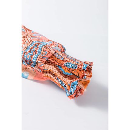 Orange Floral Print Shirred Cuff Buttoned Loose Shirt