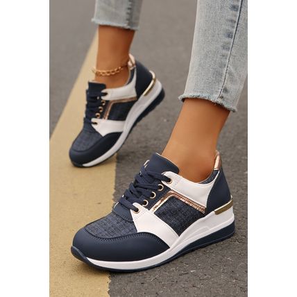 Sail Blue Glitter Patched Lace-up Wedge Sneakers