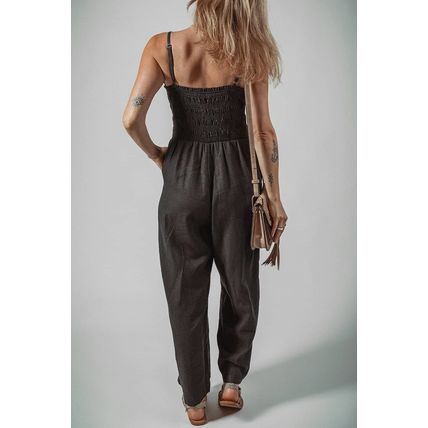Black Spaghetti Straps Shirred Bodice Pocketed Wide Leg Jumpsuit