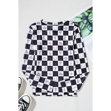 Black Checkerboard Western Elements Printed Mesh Long Sleeve Top