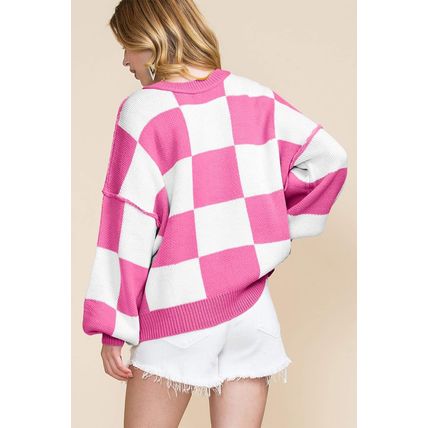 Rose Stripe Checkered Bishop Sleeve Sweater