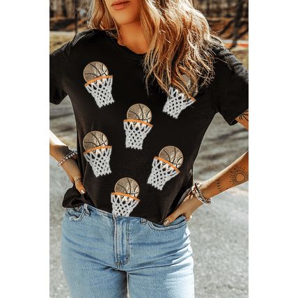 Black Sequin Basketball Patched Graphic Game Day T Shirt