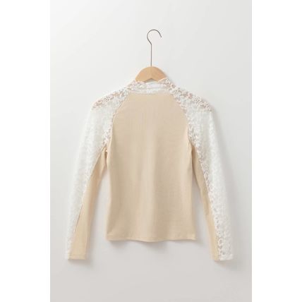 Beige Floral Lace Patchwork Long Sleeve High Neck Slim Top