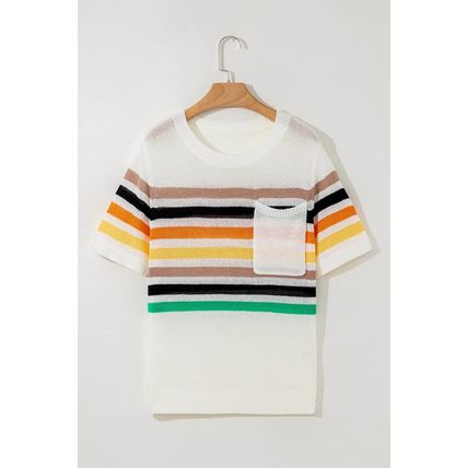 White Striped Pocketed Loose Fit Crewneck Knitted T Shirt