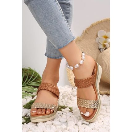 Gold Braided Dual Band PU Leather Wedge Slippers
