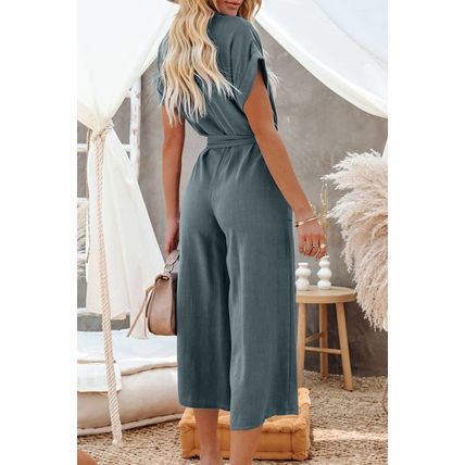 Blue Dolman Button Belted V Neck Wide Leg Pocketed Jumpsuit