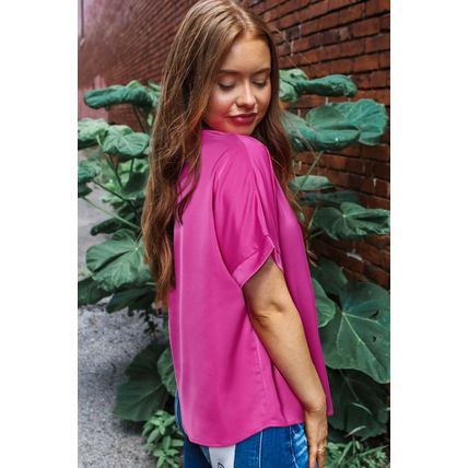 Bright Pink Silky V Neck Dolman Blouse
