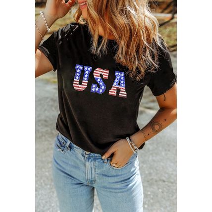 Black USA Stars and Stripes Crew Neck Graphic Tee